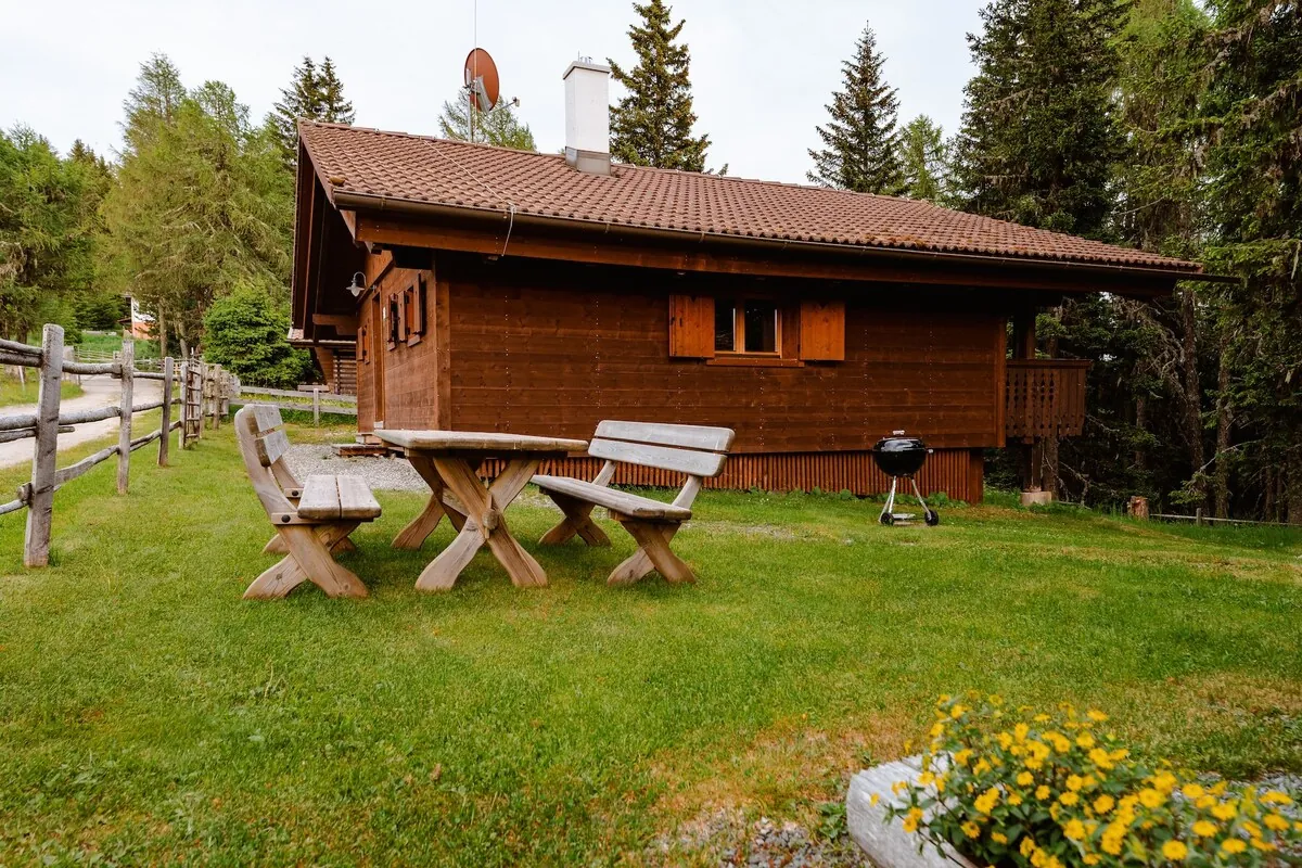 Almhaus Gertraud, a timber lodge on a meadow among spruce trees, with picnic benches and a barbecue in front