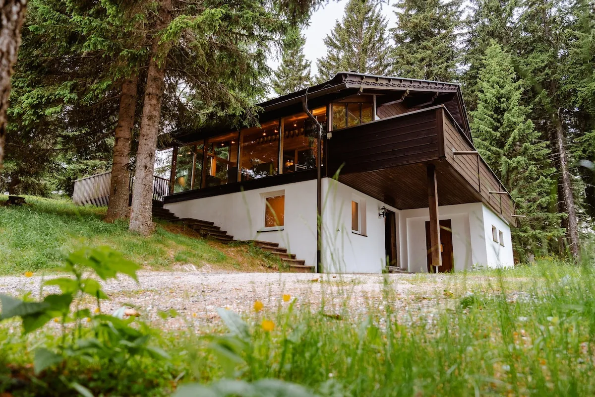 Almhaus Petra, a white and dark-timber house with a glazed front, among spruce trees